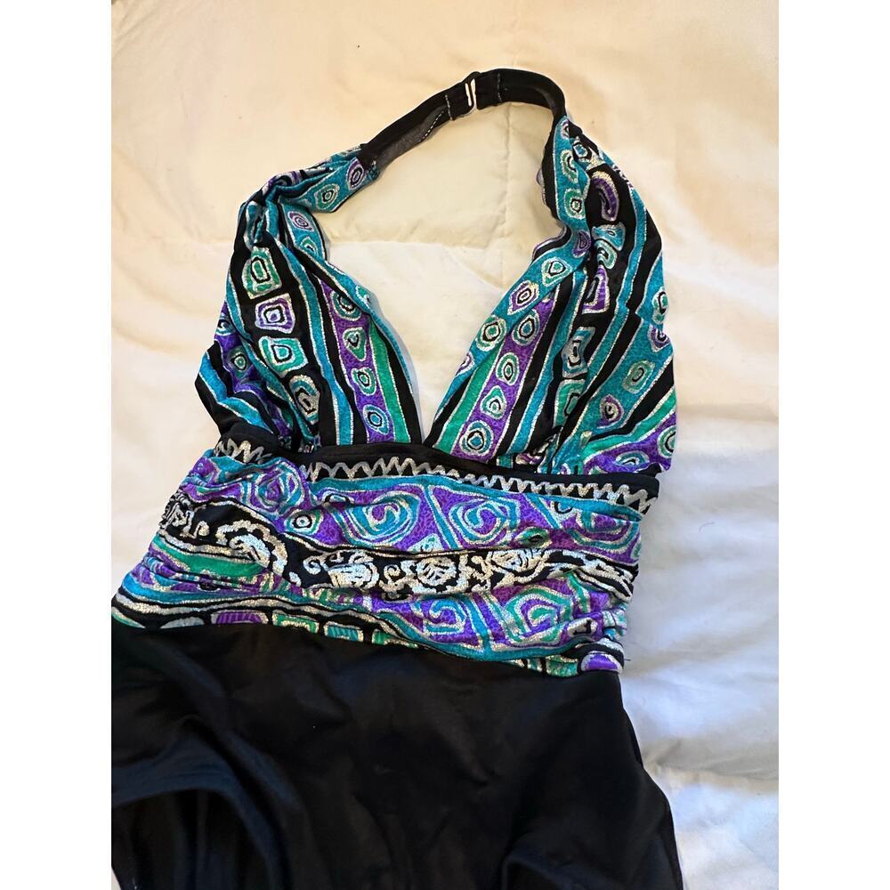 Vintage Catalina Women's Black Purple Halter Neck One Piece Swimsuit Size 10 - Picture 3 of 11